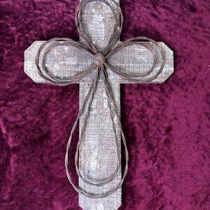 Rustic Wooden Cross Wall Decor Farmhouse Christian Religious Wire Bow-HD075
